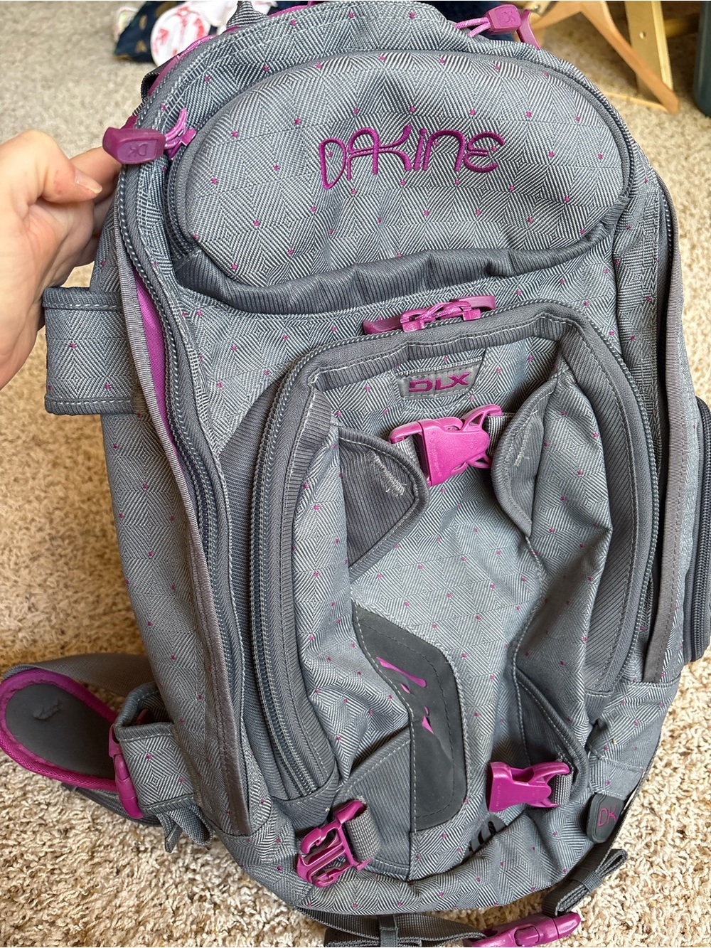 Dakine Heli Pro DLX 18L Backpack Pink and Gray Polka Dot